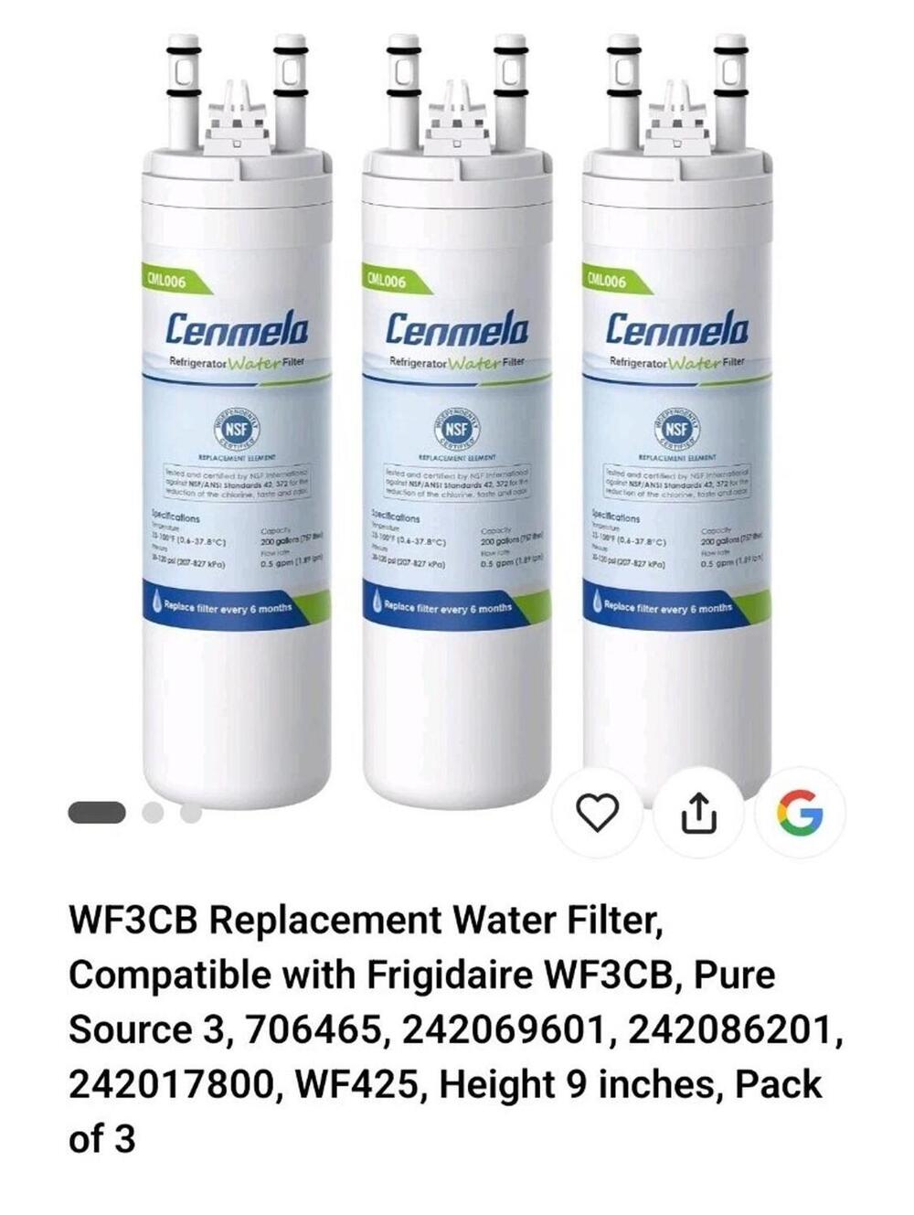 WF3CB Frigidaire Replacement Water Filter, Compatible w/ Frigidaire WF3CB 3 Pack